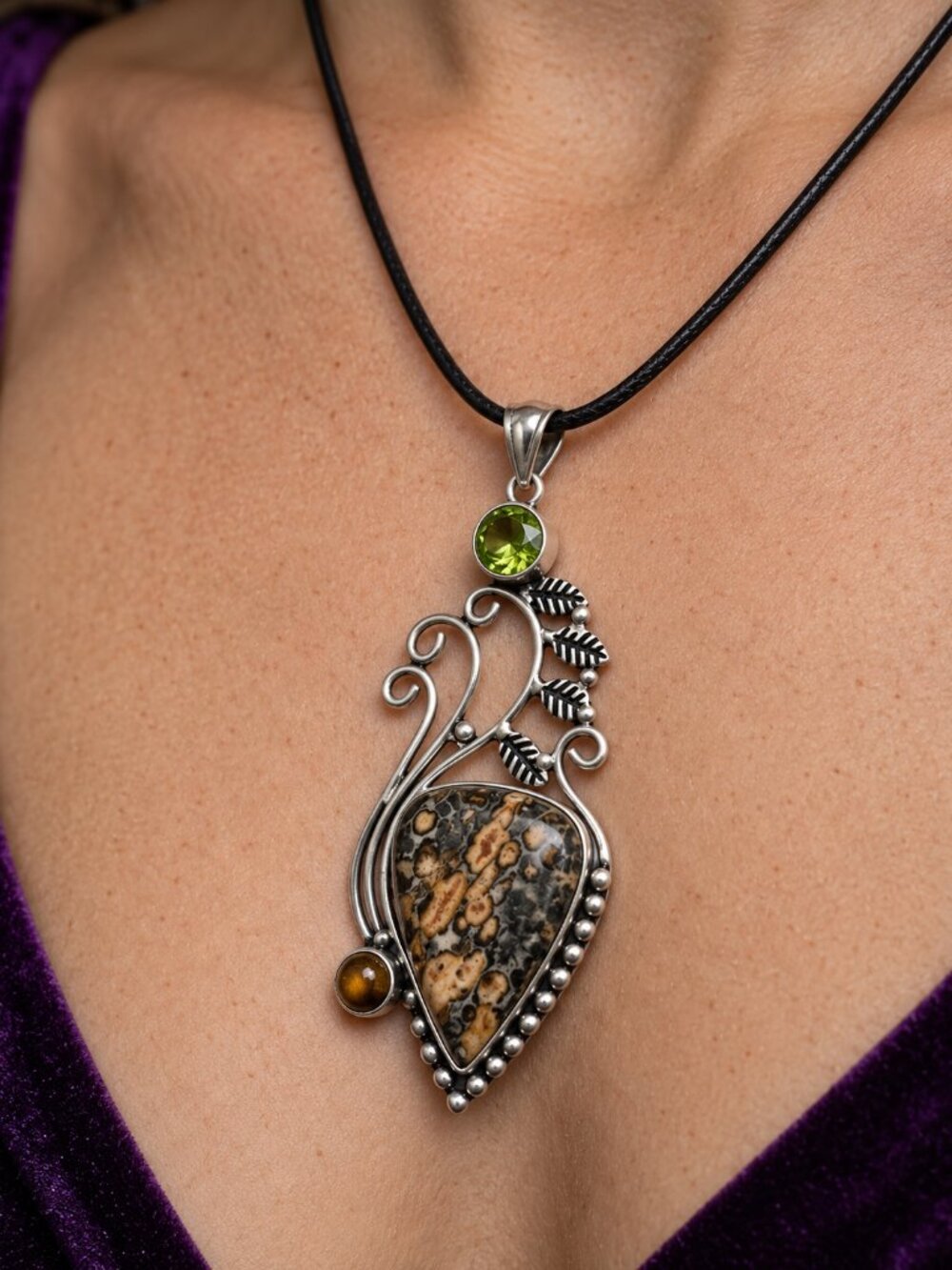 Botanical Leaf Pendant Necklace Jasper Peridot 925 Sterling Silver Whimsigoth 3"